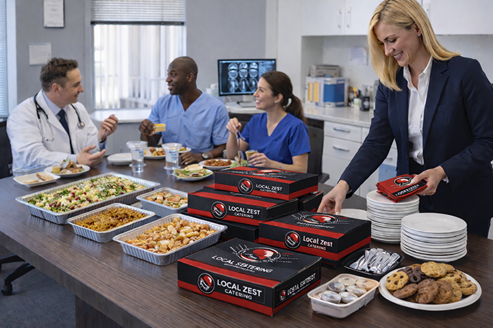 Doctors office lunch setup with Local Zest branded catering boxes